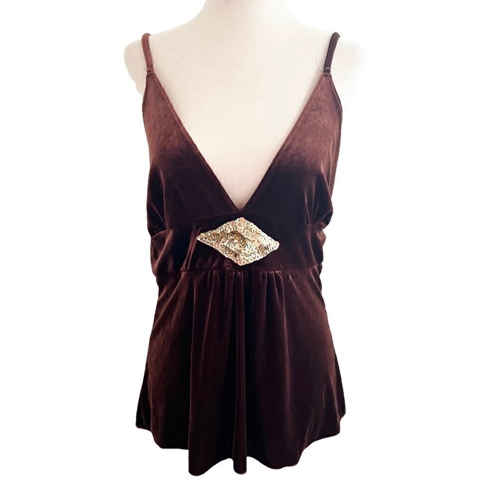 Vintage Tobacco Brown Velour Velvet Camisole Tank Top Gold Sequins Large
